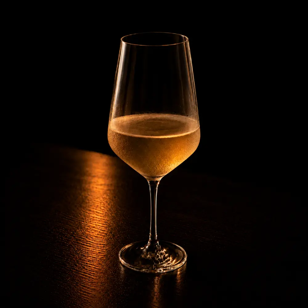 台南酒吧｜歧門酒吧特色茶酒「深邃的清澈」，一杯盛裝在鬱金香型高腳杯中，色澤微黃清澈、帶有香氣的茶香調酒。