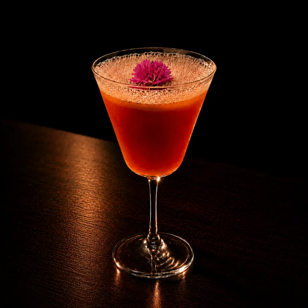 台南酒吧｜歧門酒吧人氣特調「猩紅的麗人」，一杯帶有迷人深紅寶石色澤、在光影下閃耀的精緻高腳杯調酒。